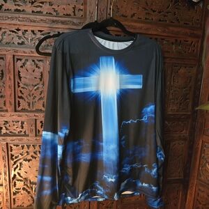 SHEIN Men's Black and Blue Cross Long Sleeve Tee